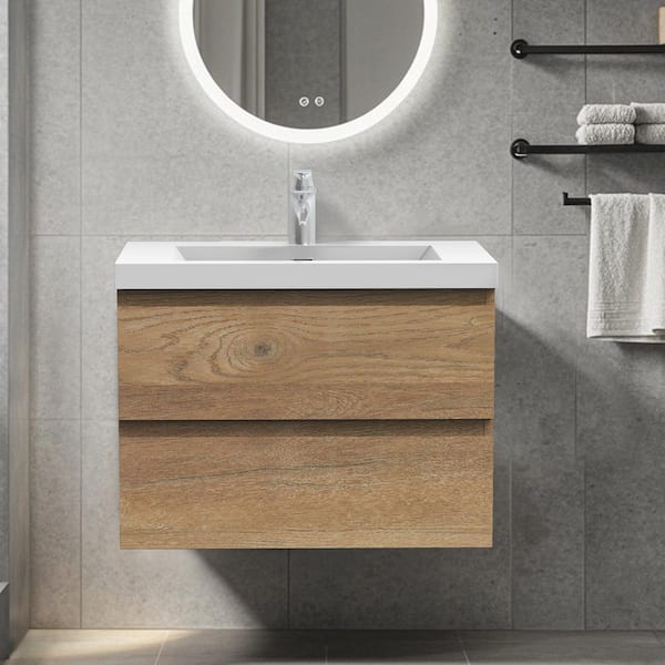 30 in. Wall-Mounted Floating Bath Vanity in Natural Oak with Single Solid Surface Sink Top in White