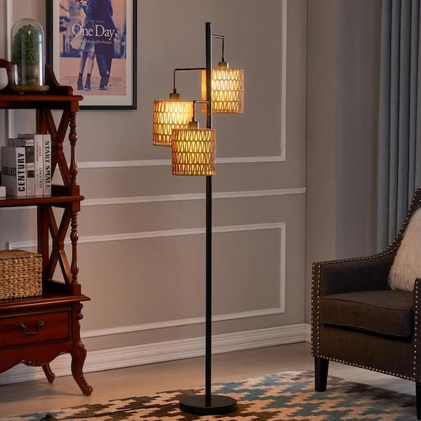 New York 65 in. H Black Farmhouse Tree Floor Lamp with 3 Natural Paper Rope Shades