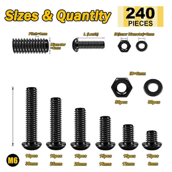 240-Piece M6 Button Head Socket Cap Screw & Nut Kit-Grade 10.9 Carbon Steel