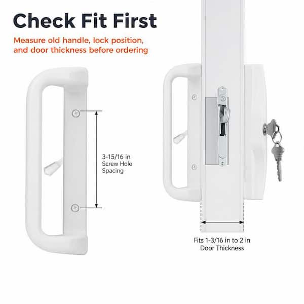 1-Piece Sliding Glass Door Handle Set in White, Lock and Key Included, Fits 3-15/16 in. Screw Holes, Keyed Mortise Lock