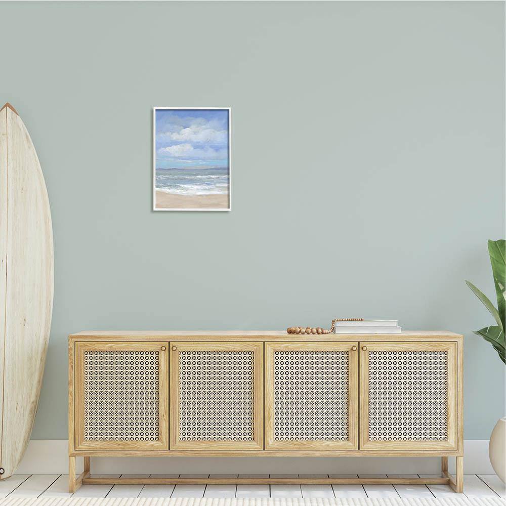 Cloudy Ocean Bay Shoreline Landscape Canvas Print with White Frame