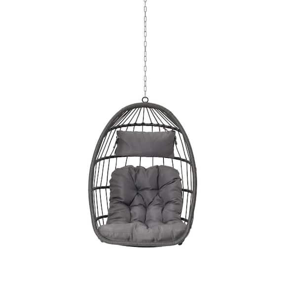 Miscool Anky 2.4 ft. D 1-Person Gray Wicker Hanging Egg Chair Patio Swings Hammock Chair with Light Gray Cushions