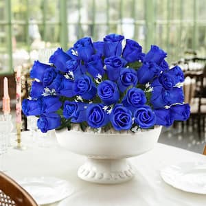 14 in. Royal Blue Artificial Rose Bud Flower Stem Bush Bouquet (Set of 12)