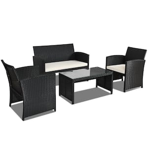 4-Piece Black Wicker Patio Conversation Set with Beige Cushions