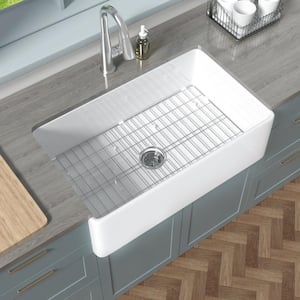 33 in. Farmhouse Sink Single Bowl Crisp White Fireclay Kitchen Sink Apron Sink with Strainer and Bottom Grid
