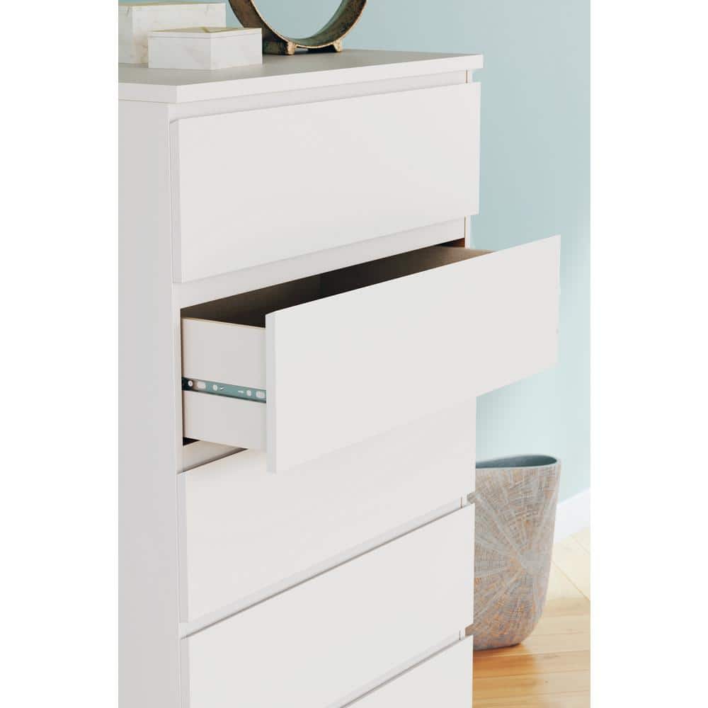 White Modern 5-Drawer Tall Dresser with Ball Bearing Glides