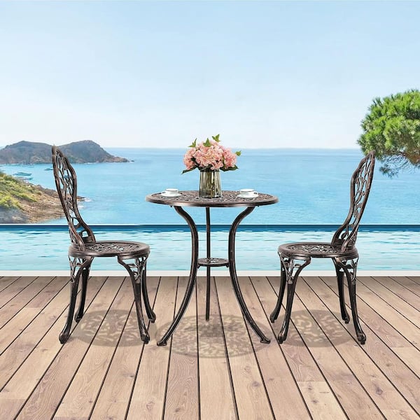 Unbranded Bronze 3-Piece Anti-Rust Cast Aluminum Outdoor Bistro Set for Balcony, Garden