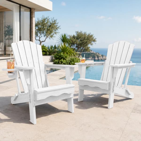 Thoeoe White HDPE Outdoor Folding Adirondack Chair with Cup Holder