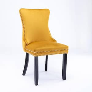 Yellow Upholstered Dining Chair with Nailhead Trim and Solid Wood Legs Two Chairs