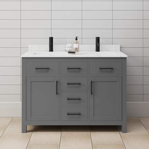 Wyndham Collection Beckett 48 in. W x 22 in. D x 35 in. H Double Sink Bathroom Vanity in Dark Gray with Carrara Cultured Marble Top