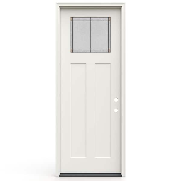 36 in. x 96 in. Left-Hand Craftsman Frameless Ballantyne Decorative Glass Primed Fiberglass Prehung Door w/ Brickmould