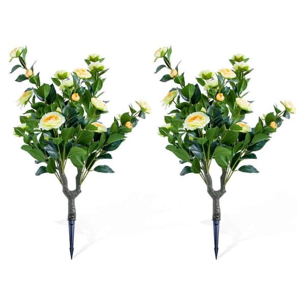 3FT 2PC Artificial Topiary Flower with Ground Spike,Trees with Camellia Flowers,PE Fake Plants,Yellow