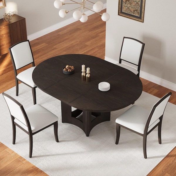 5-Piece Round Espresso Brown Wood Top Extendable Dining Room Set Seats-4 with Removable Leaf