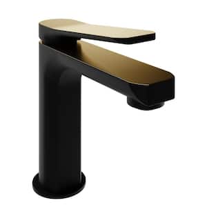Single-Handle Single-Hole Bathroom Faucet with Pop-Up Drain in Matte Black and Brushed Gold