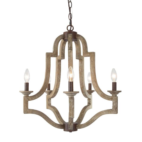 5-Lights ORB Rusty Brown Wood Lantern Chandelier