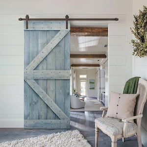 K Series 42 in. x 84 in. Solid Denim Blue Stained DIY Pine Wood Interior Sliding Barn Door with Hardware Kit