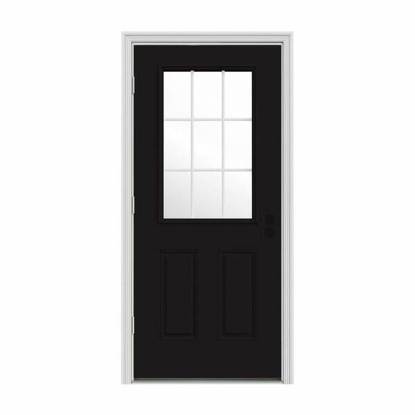 JELD-WEN 34 in. x 80 in. 9 Lite Black Painted w/ White Interior Steel Prehung Right-Hand Outswing Back Door w/Brickmould
