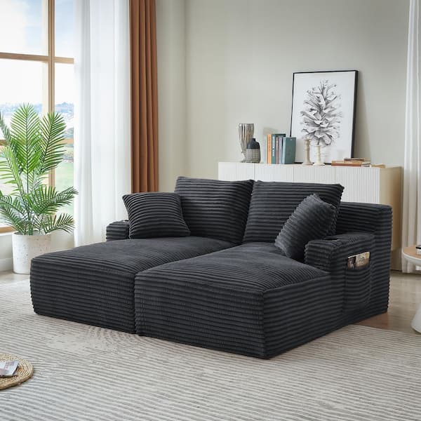Daphne 70.9 in. Dark Grey Corduroy Upholstered Square Arm Compressible Double Chaise Lounge with Cupholders