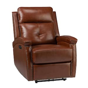 Hermann Brown Genuine Leather Power Recliner with Bronze Nailhead Trim