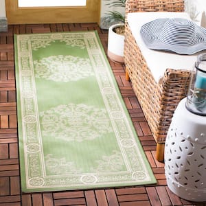 Courtyard Olive/Natural 2 ft. x 7 ft. Floral Indoor/Outdoor Patio  Runner Rug
