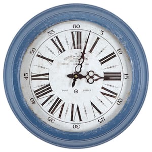 16 in. Circular Iron Wall Clock in Distressed Blue Frame