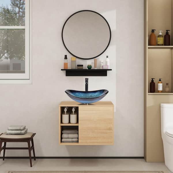 24 in. W x 19 in. D x 17 in. H Single Sink Burlywood Bath Vanity with Blue Solid Surface Top Sink and Mirror