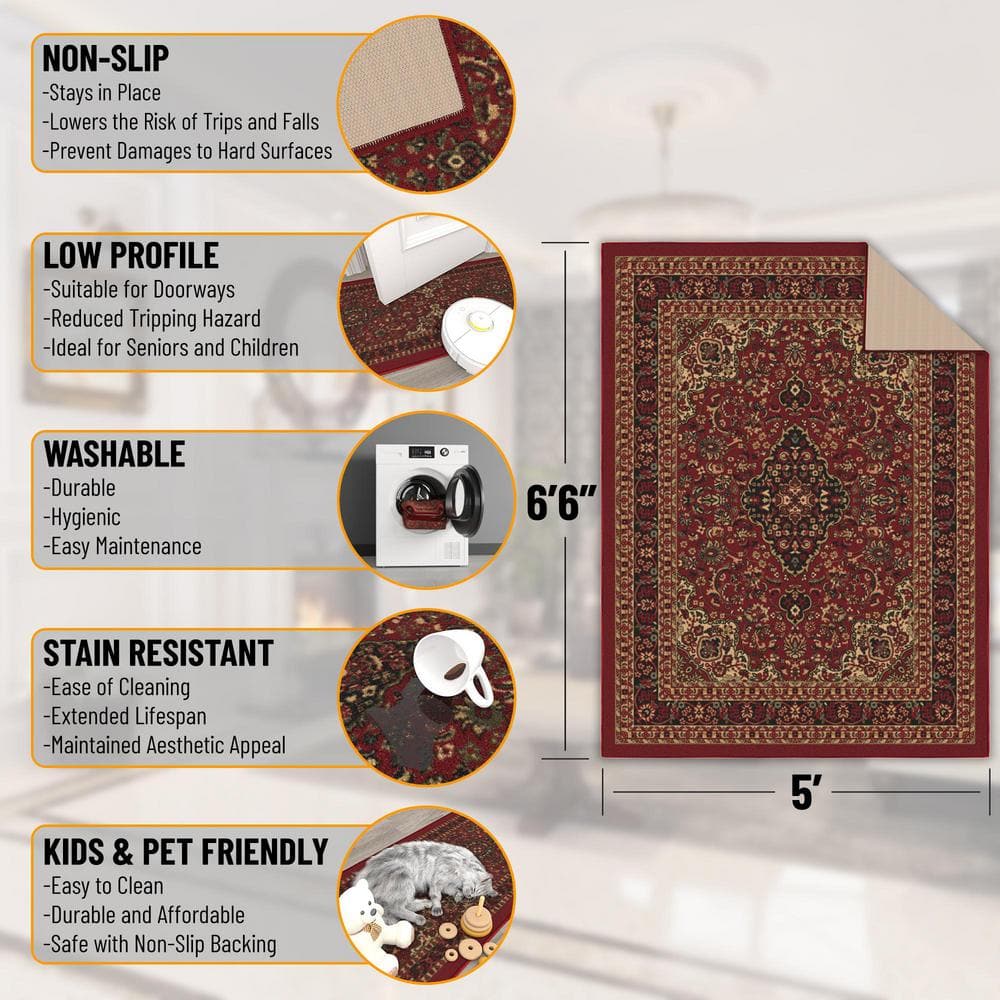 Red Oriental Design Low Pile Non-Slip Area Rug