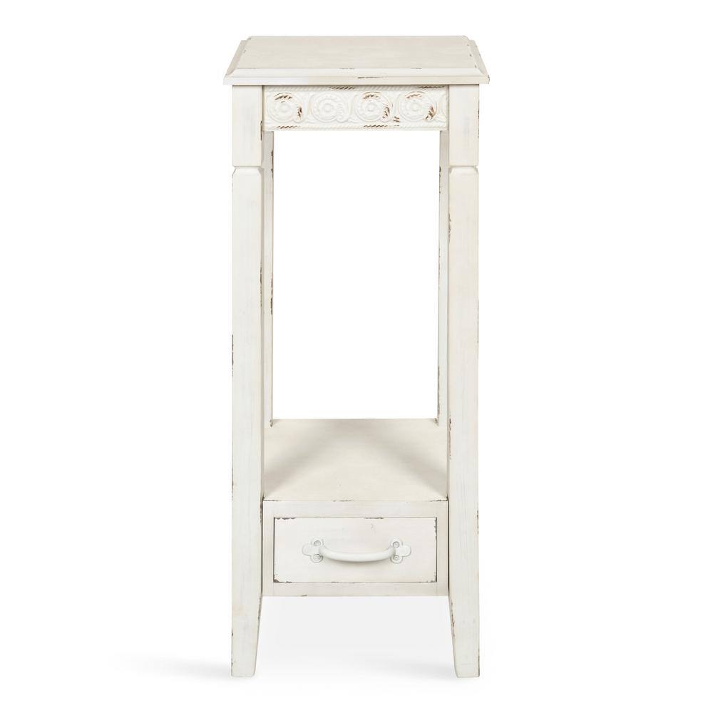 Soft White Farmhouse Wood Accent Table with Metal Skirt