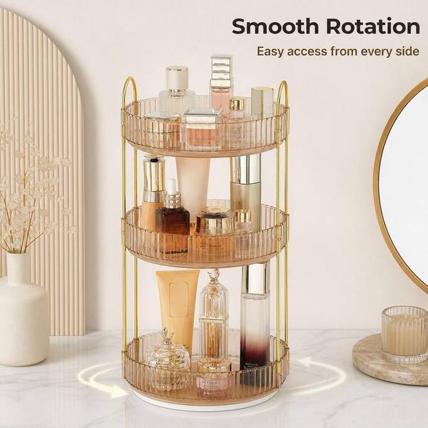 Numhew 3-Tier 360 Rotating Vanity Organizer in Gold, Cosmetic Storage Rack for Bathroom Counter and Dressing Table Storage