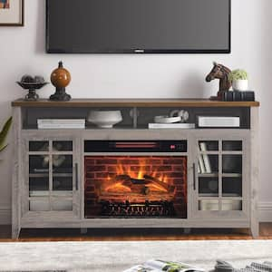 55 in. Freestanding Wooden Electric Fireplace TV Stand with KD Inserts Heater, Gray Wash