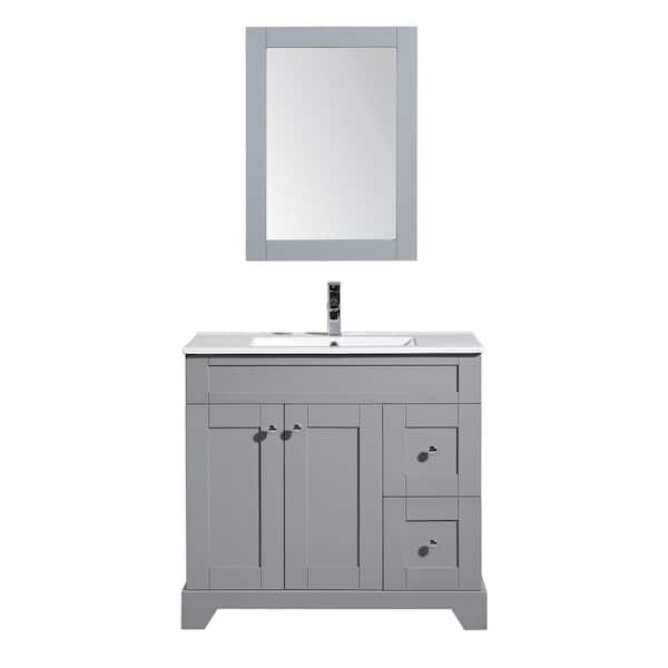 Wonline 35.83 in. W x 18.11 in. D x 33.46 in. H Single Sink Bath Vanity in Grey with White Ceramic Top and Mirror