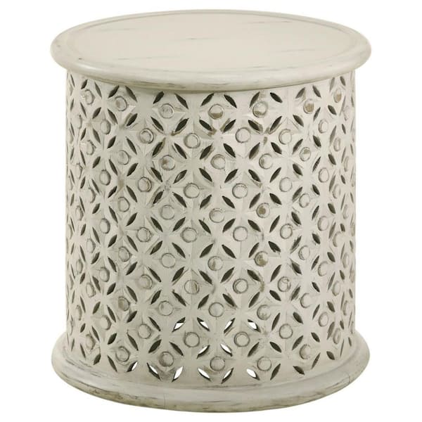 Benjara 17 in. Ivory Round Wood End/Side Table with Wooden Frame