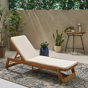 Maki Teak Brown 1-Piece Wood Outdoor Chaise Lounge with Cream Cushions