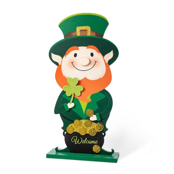 23.5 in. St.Patrick's Wooden Leprechaun Pot of Gold Porch Decor(KD)