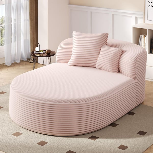 51.6 in. Armless Corduroy Curved Chaise Lounge Sofa in. Pink, Boneless Sofa Bed with 2-Pillows