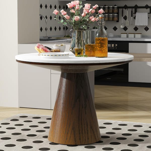 Harper & Bright Designs Brown and White Wood Top 45 in. Frustum Pedestal Dining Table Seats 4
