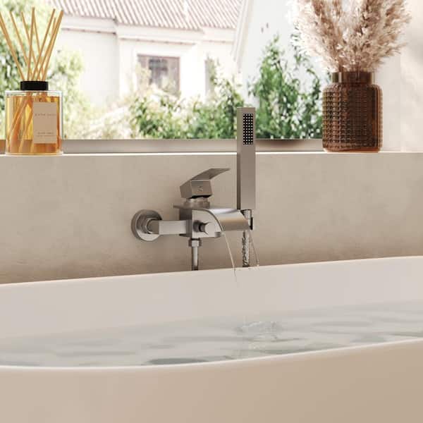 YAWWALK Single Handle Wall Mount Waterfall Roman Tub Faucet with Hand Shower in Brushed Nickel (Valve Included)