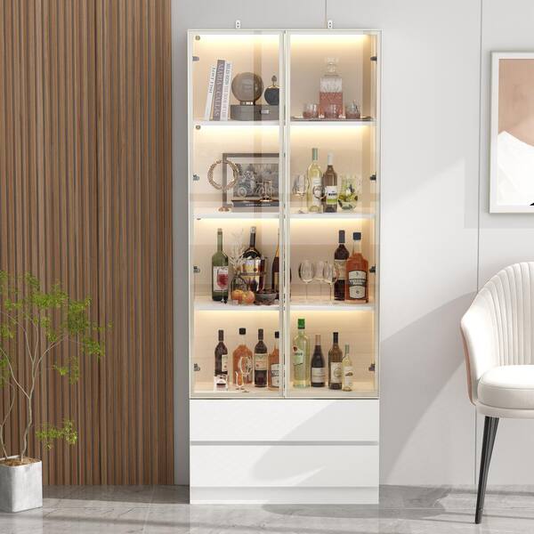 FUFU&GAGA 78.7 in. White Wooden Accent Storage Cabinet With 2-Glass ...