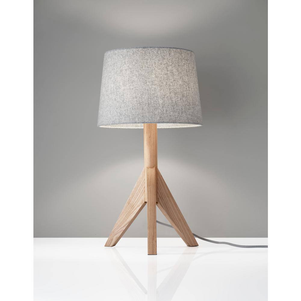 Natural Ash Wood Tripod Table Lamp with Gray Fabric Shade