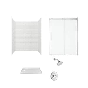 Passage 60 in. x 72 in. Left Drain 4-Piece Glue-Up Alcove Shower Wall Door Chatfield Shower Kit in White Subway Tile