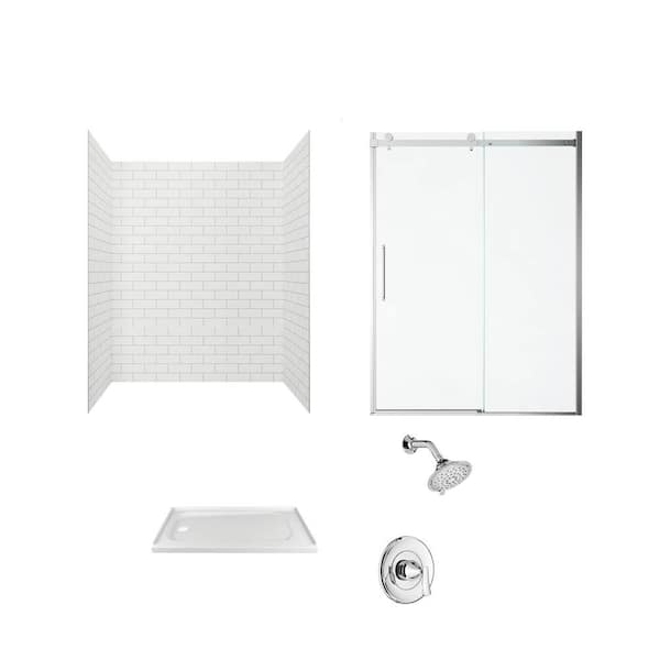 American Standard Passage 60 in. x 72 in. Left Drain 4-Piece Glue-Up Alcove Shower Wall Door Chatfield Shower Kit in White Subway Tile