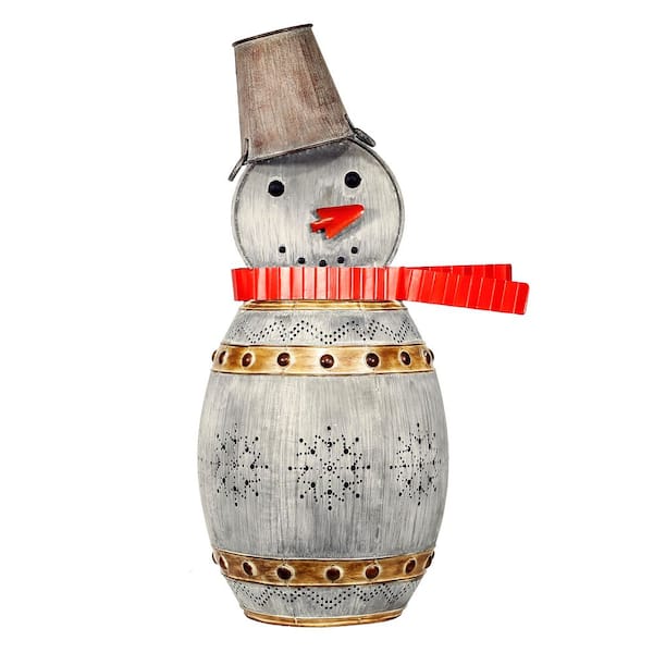 30 in. Tall Weathered Barrel Snowman With Warm White LED Lights