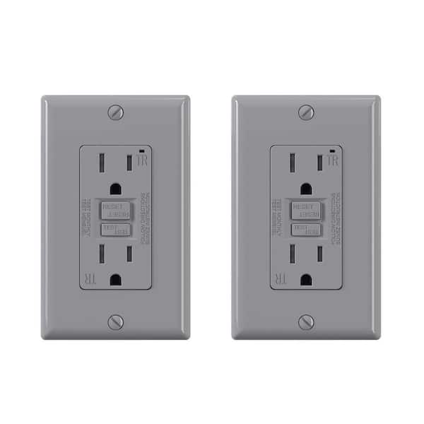ELEGRP Grey 15 Amp 125-Volt Tamper Resistant Duplex Self-Test GFCI Outlet, with Wall Plate (2-Pack)