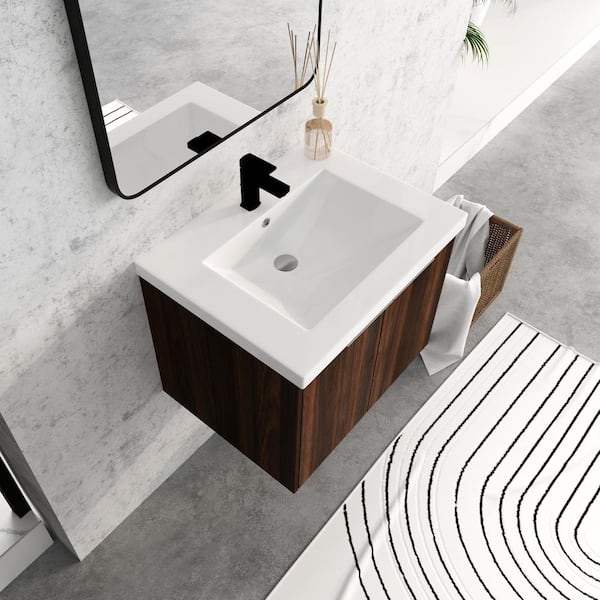 24 in. W x 18 in. D x 19 in. H in Dark Brown Floating Bathroom Vanity with Glossy White Resin Basin Top