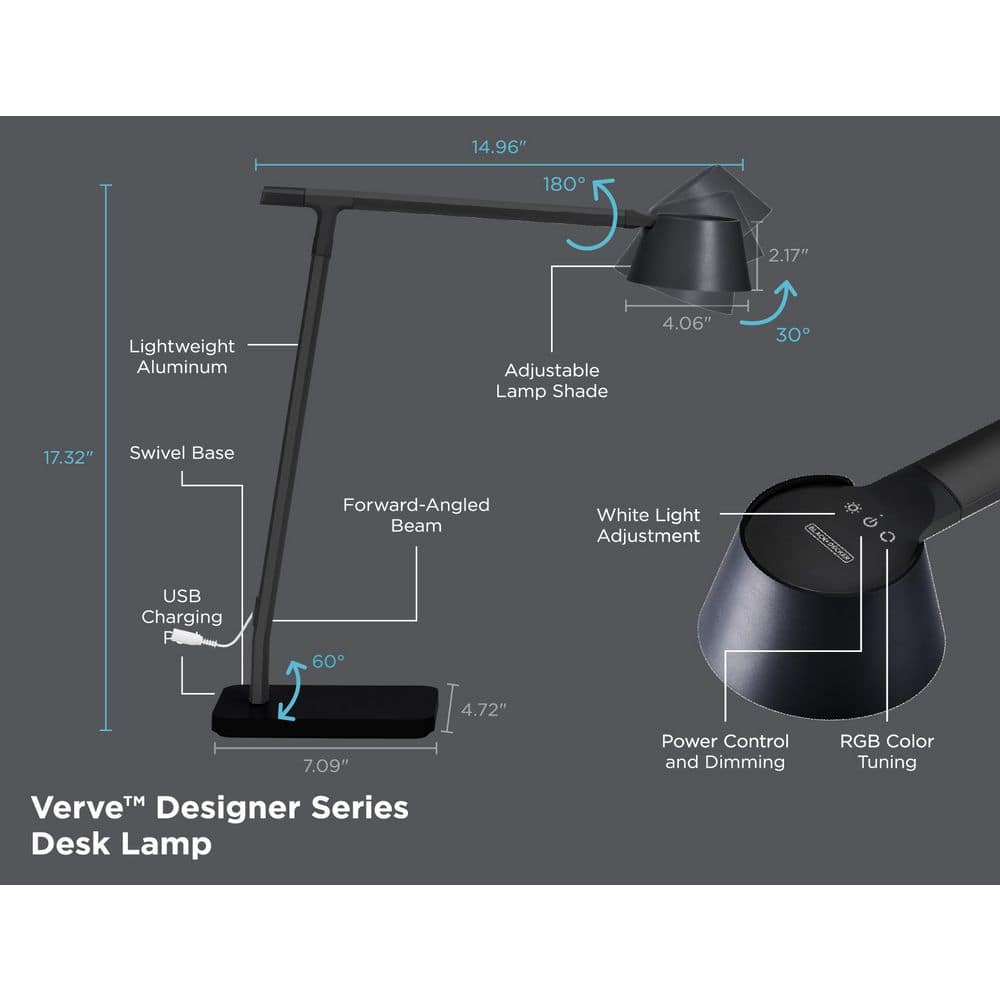 Black Adjustable LED Desk Lamp with USB Charging Port