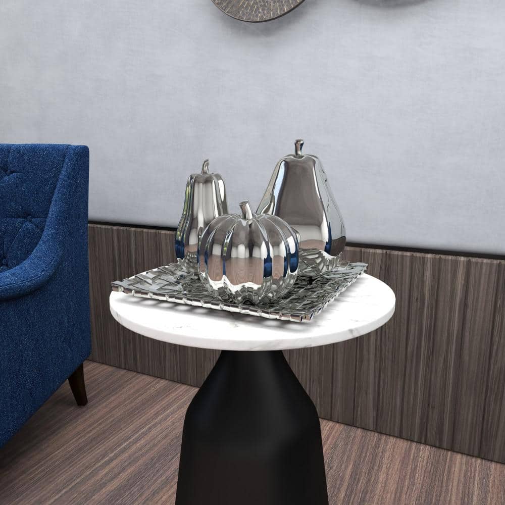 Silver Ceramic Fall Fruit Sculpture Set with Decorative Grid Plate