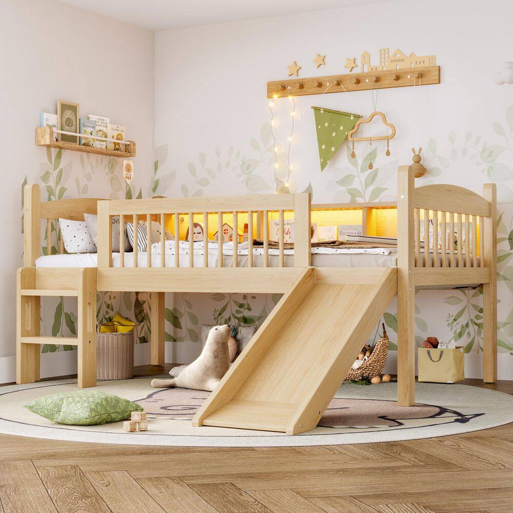 Natural Twin XL Wood Loft Bed with Storage Shelves, LED Lights, Slide and Ladder price history on PriceWatchPro