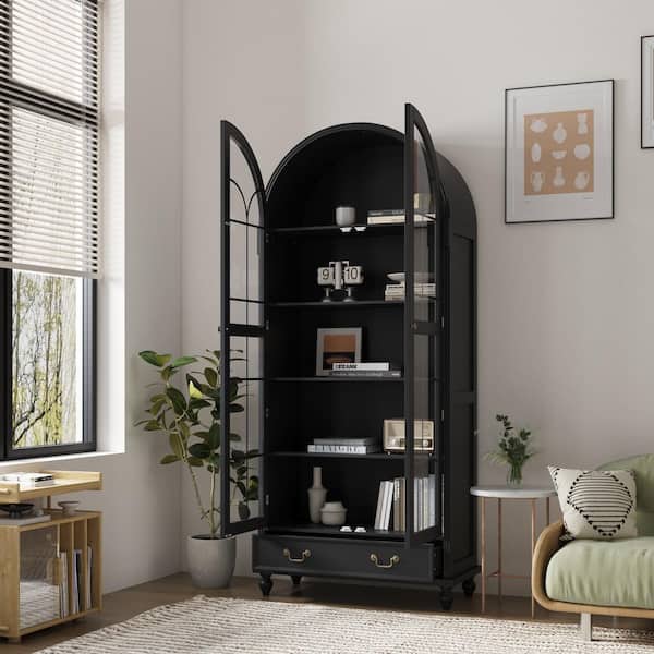 Black 77.2 in. Accent Storage Cabinet with 5-Shelf, Glass Doors, Arched Glass Display Cabinet with Drawer