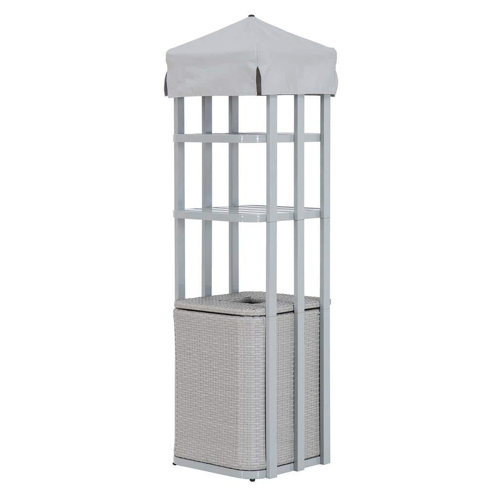 Sunjoy Aluminum Frame Poolside Towel Storage Cabinet with 2-tier Shelves And All-Weather Wicker Storage Basket for pool, Grey