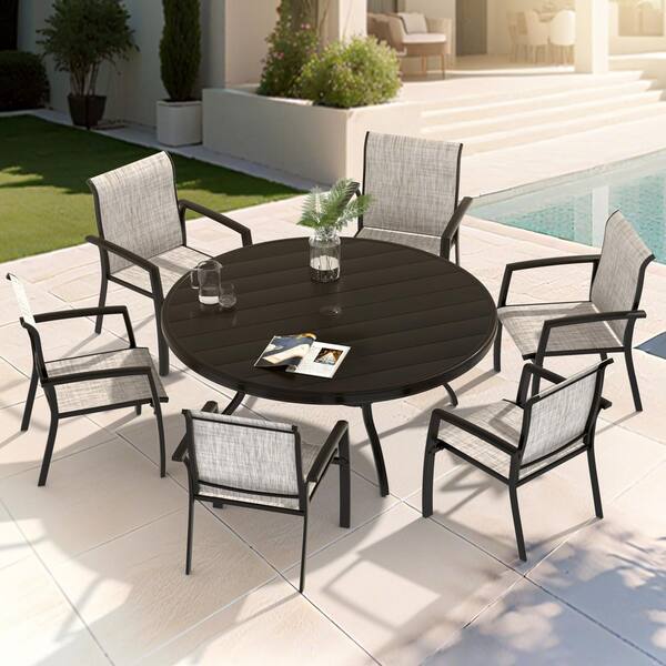 7-Pieces Black Metal Stackable Patio Dining Set with Textilene Dining Chairs and Round Table